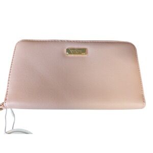 Beige Faux Leather Zip Around Multi Compartment Organizer Wallet‎ Gold Hardware